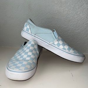 Blue and white checkered low top vans